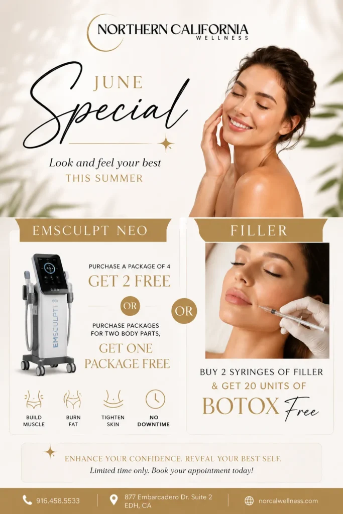June Special - Emsculpt Neo: Purcahse a package of 4 and get 2 free or purchase packages for two body parts, get one package free. Filler: Buy 2 syringes of filler & get 20 units Botox free.